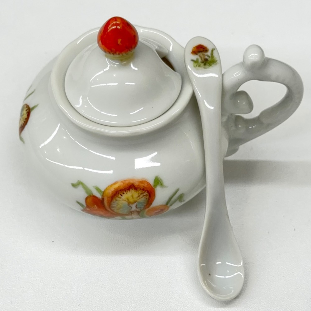 L Lancaster‎ Hand Painted Mushroom Porcelain Jam Pot with Lid and Spoon Vintage